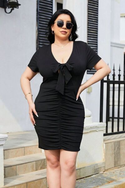 Plus Size Ruched Tied Short Sleeve Mini Dress |1mrk.com