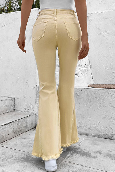 Pocketed Raw Hem Flare Jeans |1mrk.com