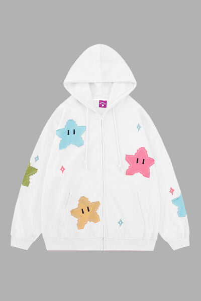 Star Drawstring Zip Up Dropped Shoulder Hoodie | Trendsi