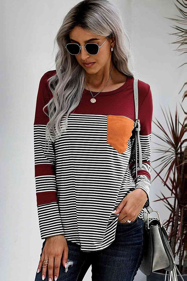 Striped Round Neck Long Sleeve T-Shirt | 1mrk.com