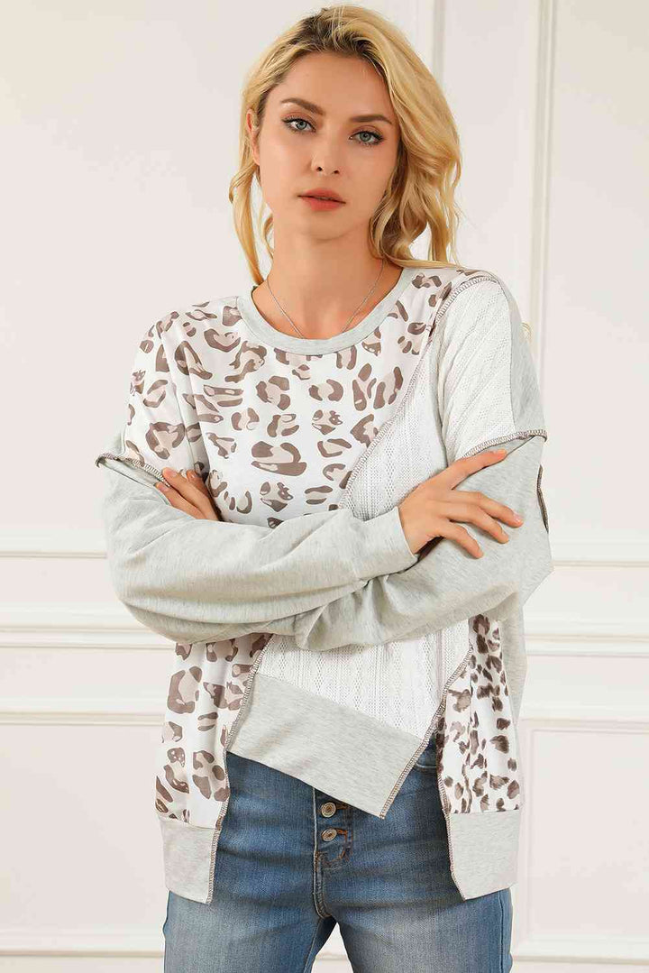 Leopard Exposed Seams Round Neck Sweatshirt | 1mrk.com