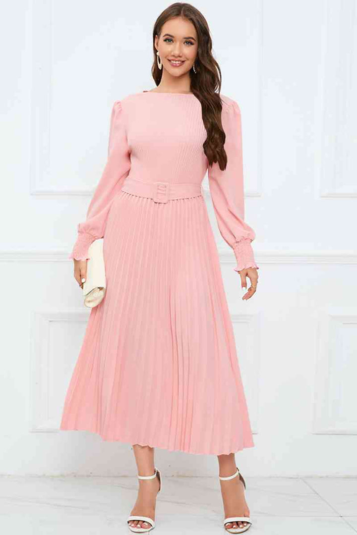 Round Neck Flounce Sleeve Pleated Dress | 1mrk.com