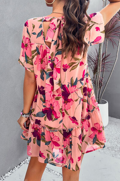 Printed Tiered Round Neck Mini Dress |1mrk.com