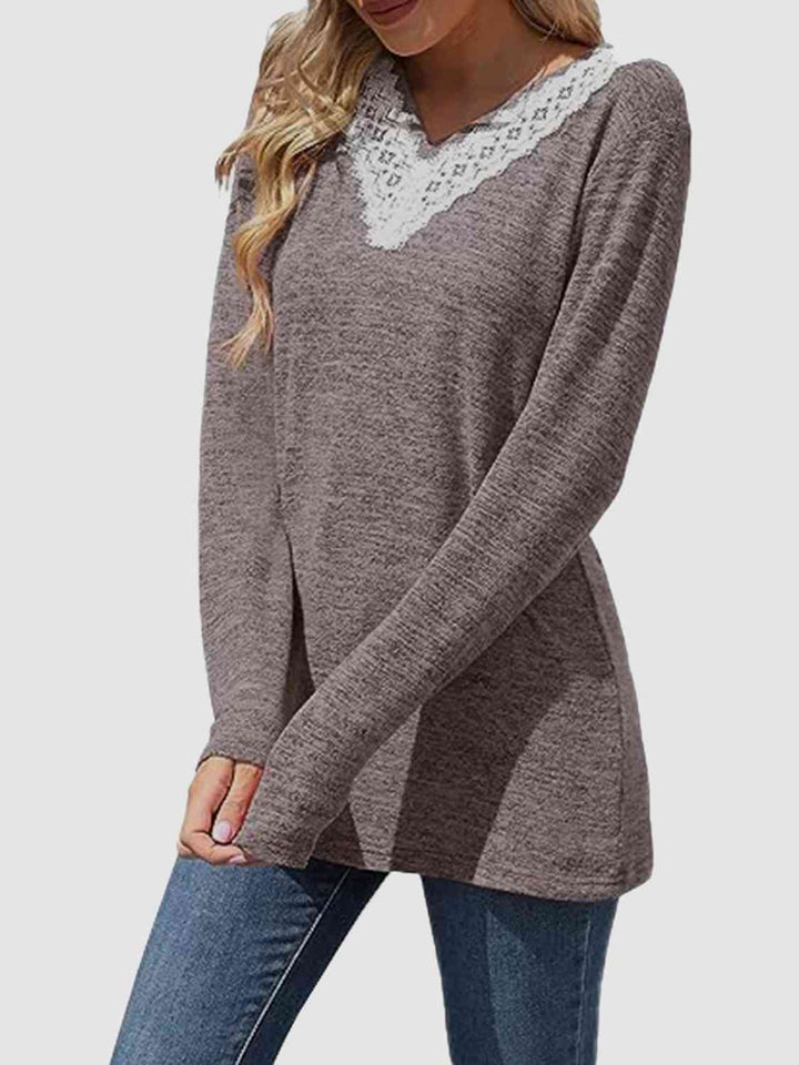 Lace Detail V-Neck Long Sleeve Top | 1mrk.com