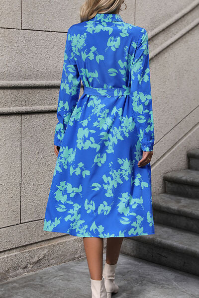 Printed Button Up Tie Waist Dress |1mrk.com