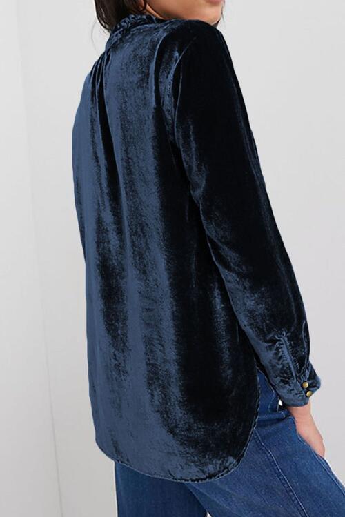 Notched Neck Buttoned Long Sleeve Velvet Blouse | 1mrk.com