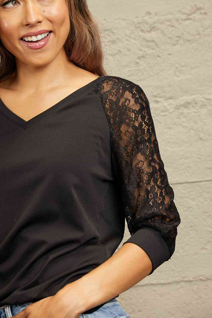 Double Take V-Neck Spliced Lace Raglan Sleeve Top | 1mrk.com