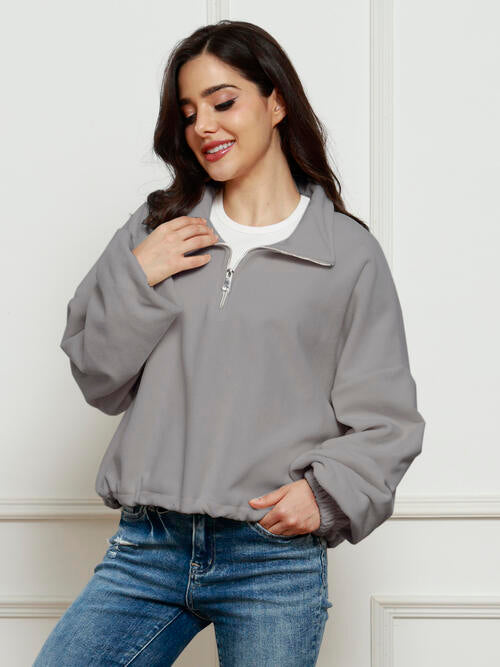 Half-Zip Collared Drop Shoulder Fleece Sweatshirt |1mrk.com