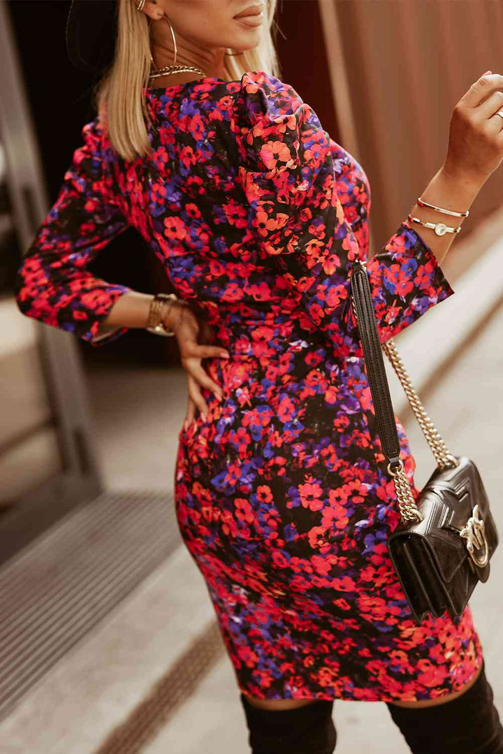 Floral Long Puff Sleeve Tulip Hem Dress |1mrk.com