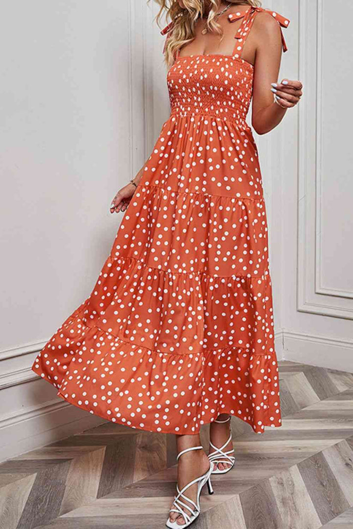 Polka Dot Smocked Tiered Sleeveless Dress | 1mrk.com