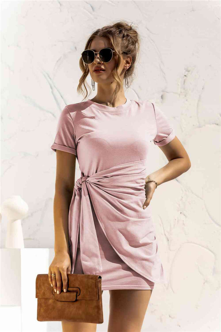 Round Neck Cuffed Sleeve Side Tie Dress |1mrk.com