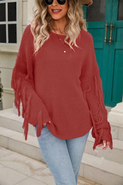 Fringe Round Neck Dropped Shoulder Sweater |1mrk.com