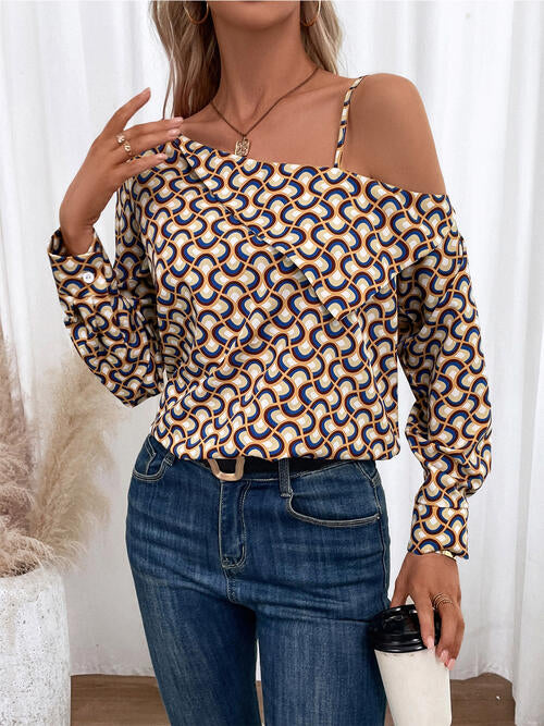 Printed Asymmetrical Neck Long Sleeve Top | 1mrk.com