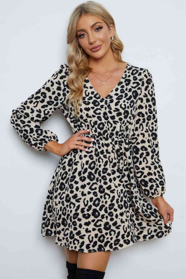 Leopard V-Neck Balloon Sleeve Dress |1mrk.com