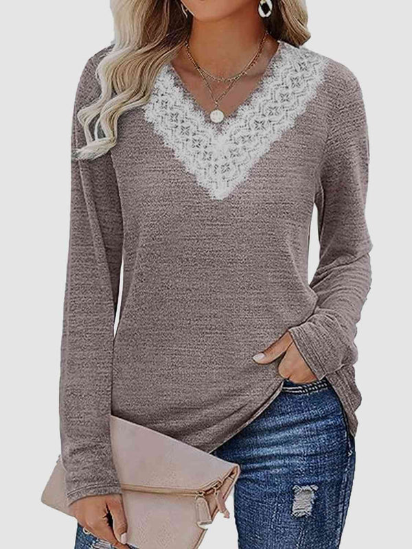 Lace Detail V-Neck Long Sleeve Top | 1mrk.com