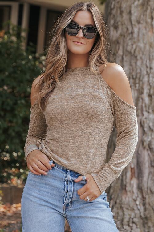 Heathered Round Neck Cold Shoulder T-Shirt | 1mrk.com