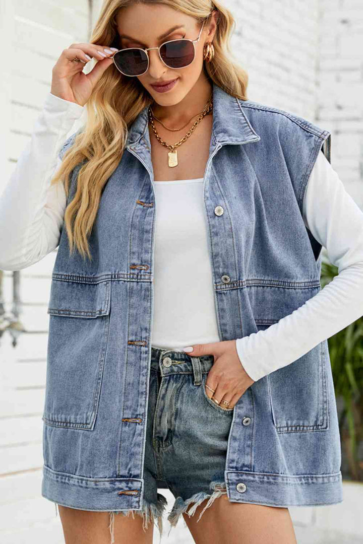 Button Down Collared Neck Denim Jacket | 1mrk.com