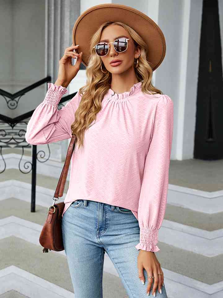 Round Neck Flounce Sleeve Blouse | 1mrk.com