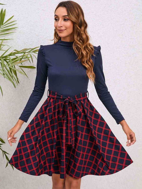 Plaid Tie Waist Ruffle Shoulder Dress |1mrk.com