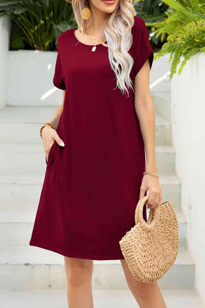 Scoop Neck Short Sleeve Pocket Dress |1mrk.com