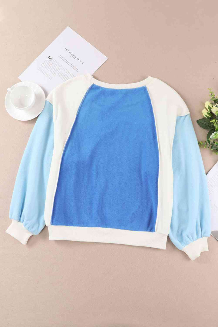 Round Neck Dropped Shoulder Color Block Sweatshirt |1mrk.com