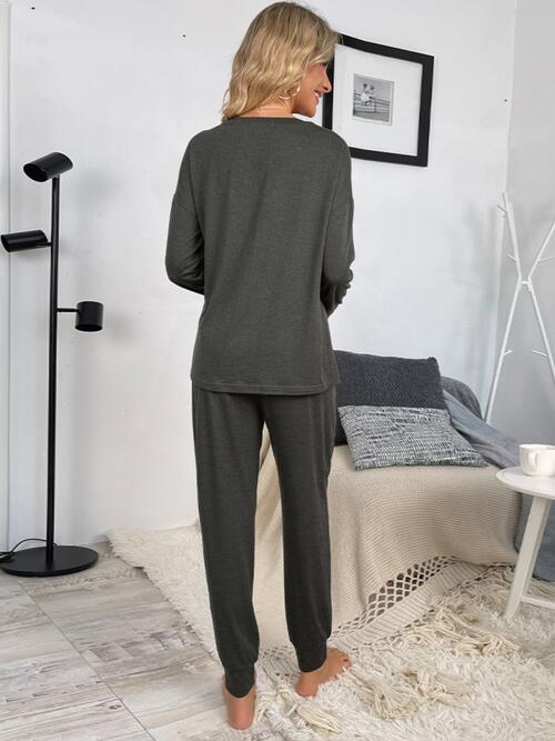 Round Neck Top and Drawstring Pants Lounge Set | 1mrk.com