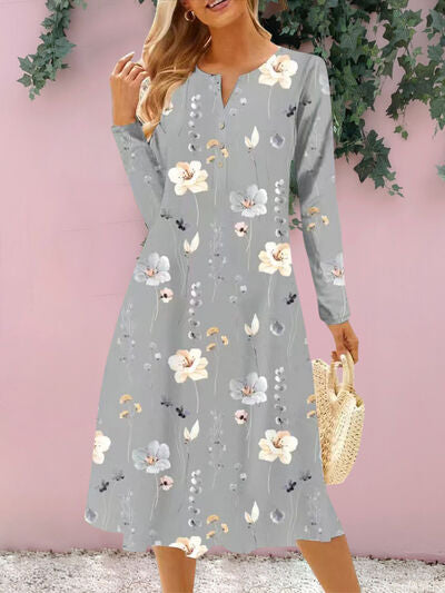 Floral Notched Long Sleeve Midi Dress |1mrk.com