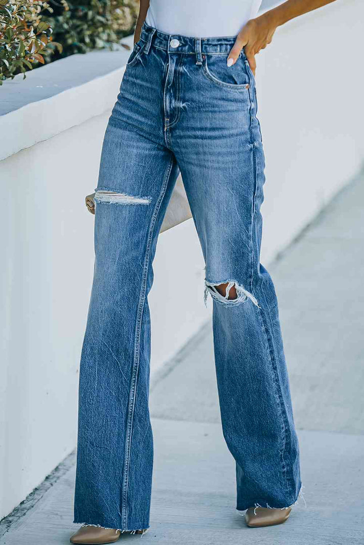 High-Rise Distressed Raw Hem Jeans |1mrk.com