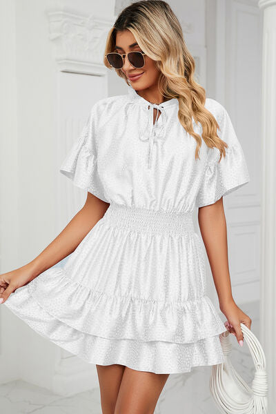 Smocked Tie Neck Flounce Sleeve Dress |1mrk.com