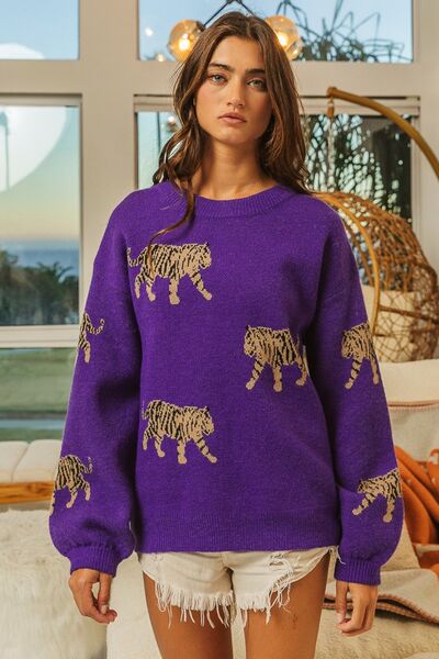 BiBi Tiger Pattern Long Sleeve Sweater | Trendsi