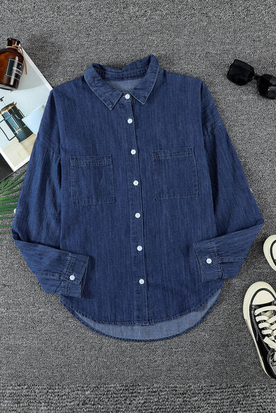 Pocketed Button Up Collared Neck Denim Top | 1mrk.com