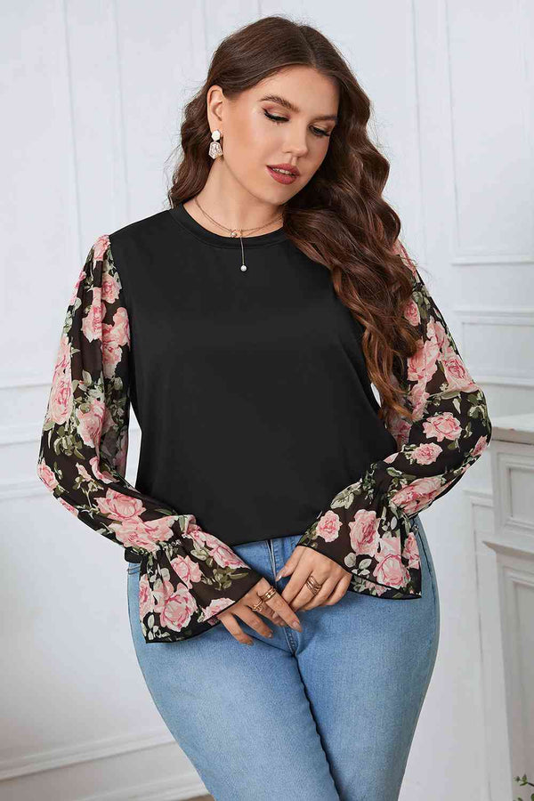 Plus Size Floral Flounce Sleeve Blouse | 1mrk.com