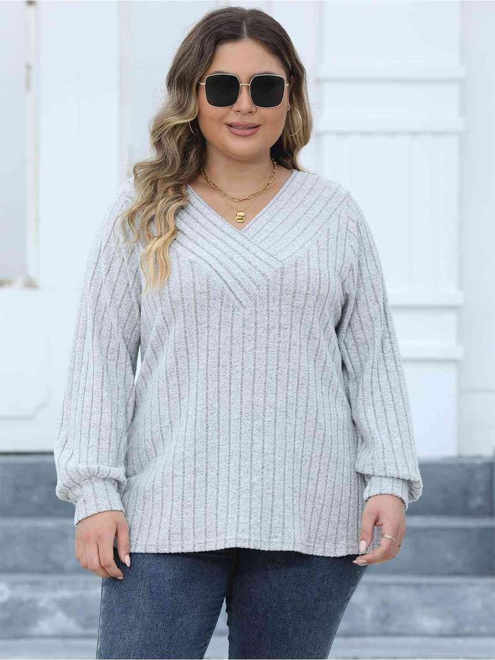 Plus Size Ribbed V-Neck Long Sleeve Top | 1mrk.com