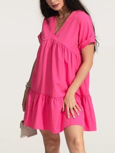 V-Neck Short Sleeve Ruffle Hem Dress |1mrk.com