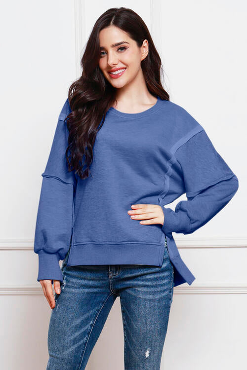 Exposed Seam High-Low Slit Sweatshirt | 1mrk.com