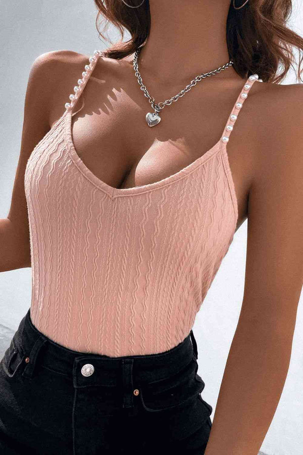 Beads Detail Spaghetti Straps Cable-Knit Cami | 1mrk.com