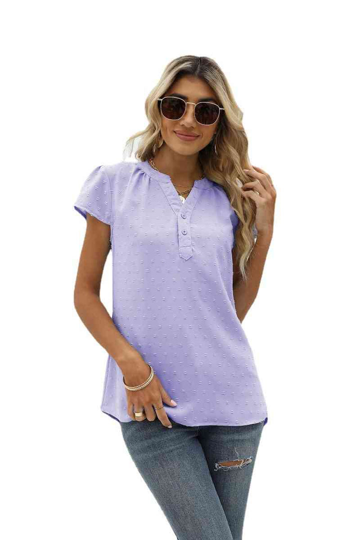 Swiss Dot Notched Neck Short Sleeve Top | 1mrk.com