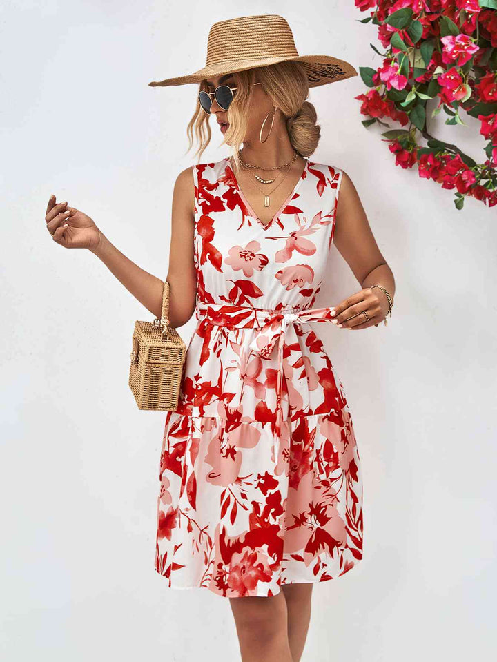 Floral V-Neck Tie Waist Sleeveless Dress | 1mrk.com