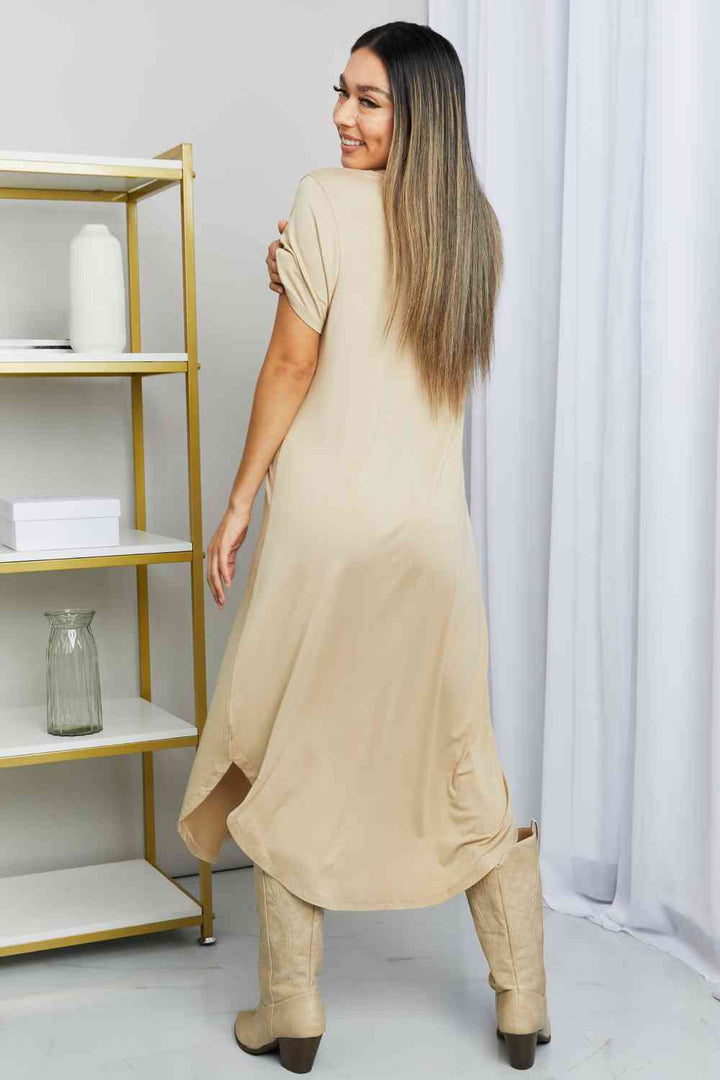 HYFVE V-Neck Short Sleeve Curved Hem Dress in Caffe Latte | 1mrk.com