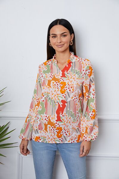 Floral Frill Notched Long Sleeve Blouse | 1mrk.com