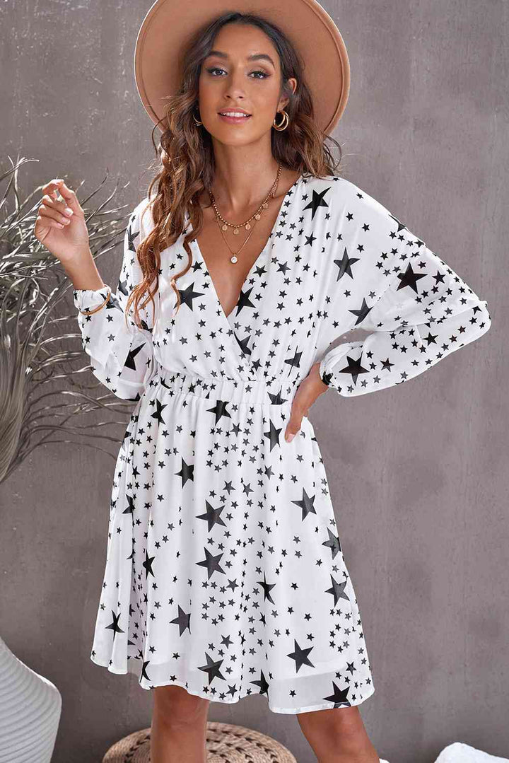 Star Print Dropped Shoulder Surplice Dress | 1mrk.com