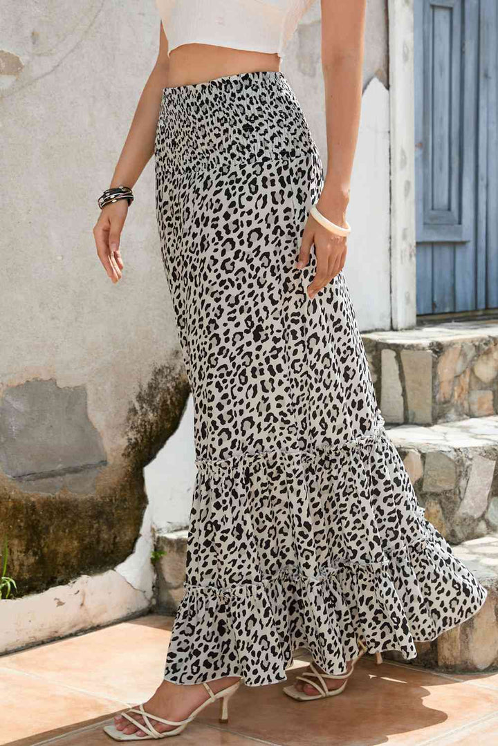 Leopard Print Frill Trim Maxi Skirt |1mrk.com