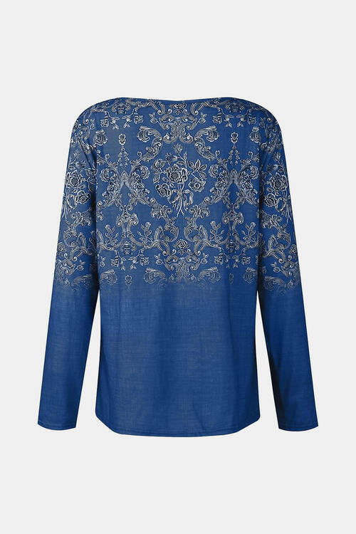 Printed Notched Long Sleeve T-Shirt | 1mrk.com