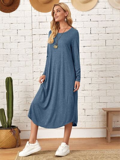 Pocketed Round Neck Long Sleeve Tee Dress | Trendsi