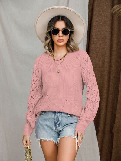 Openwork Round Neck Raglan Sleeve Sweater |1mrk.com