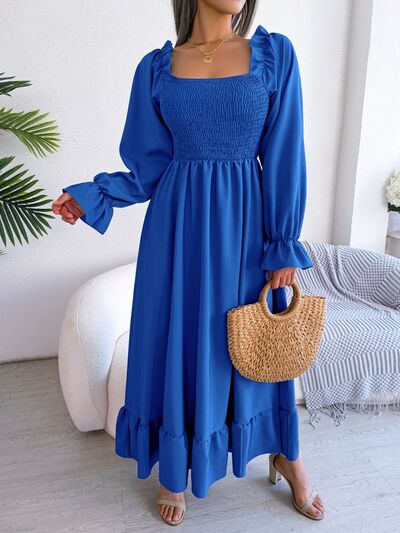 Smocked Square Neck Flounce Sleeve Dress |1mrk.com