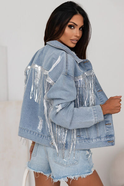 Sequin Fringe Trim Distressed Button Up Denim Jacket | 1mrk.com