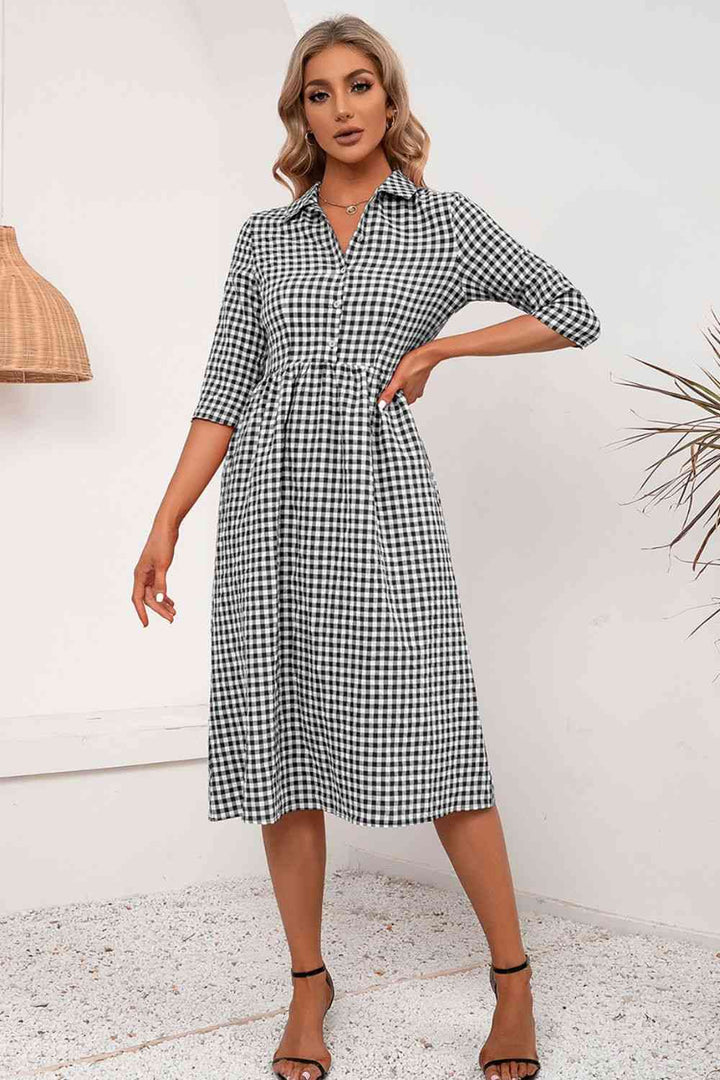 Plaid Collared Neck Midi Dress |1mrk.com