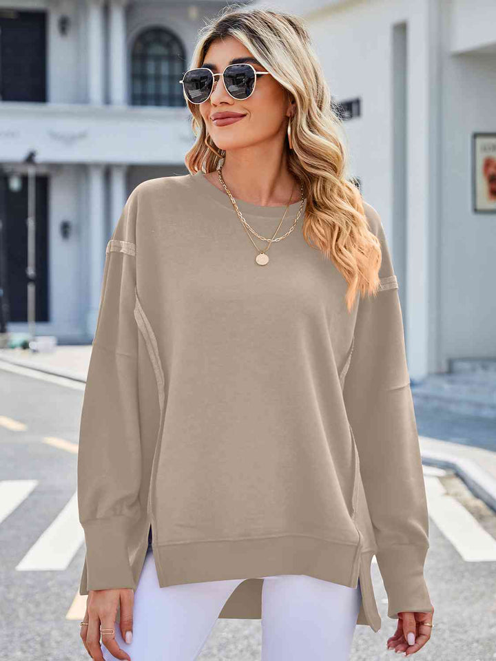 Exposed Seam High-Low Round Neck Sweatshirt |1mrk.com