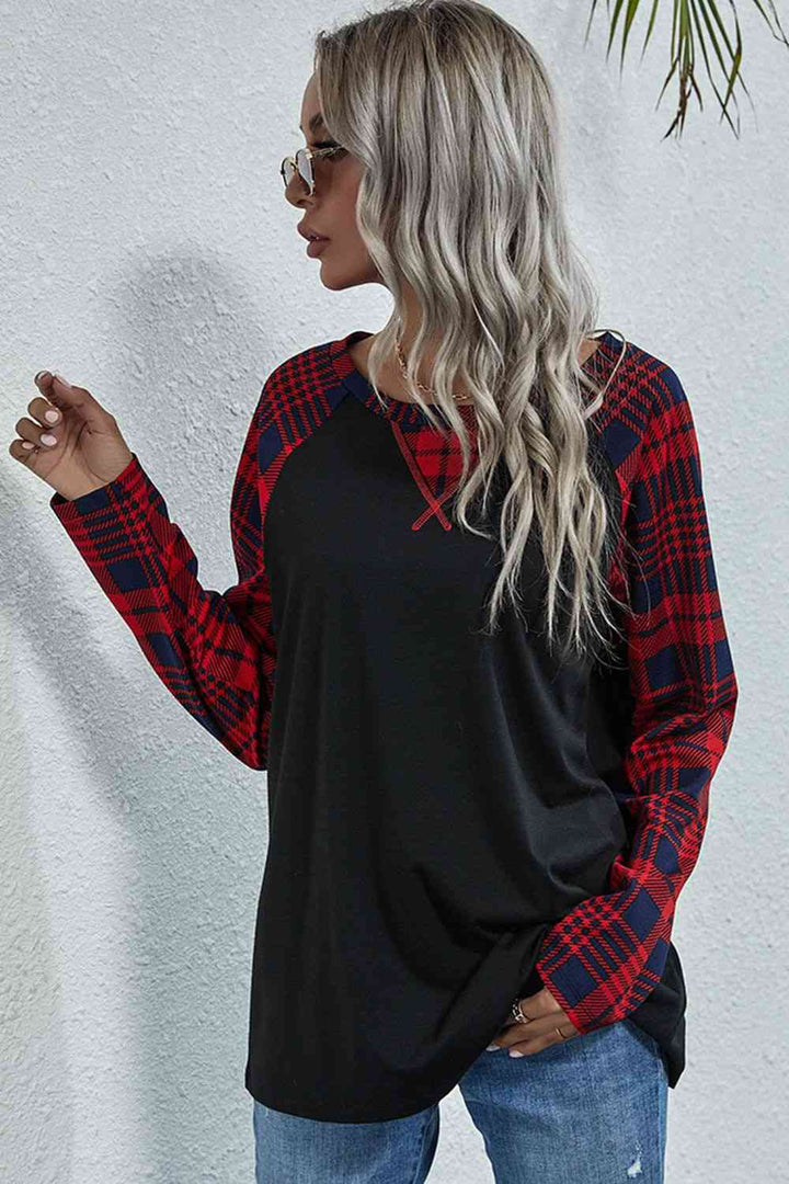 Double Take Plaid Print Long Raglan Sleeve Tee | 1mrk.com